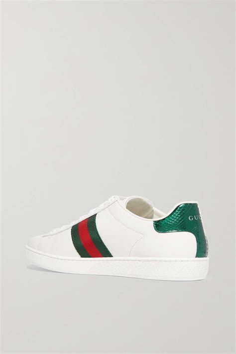 gucci ace watersnake-trimmed embroidered leather sneakers